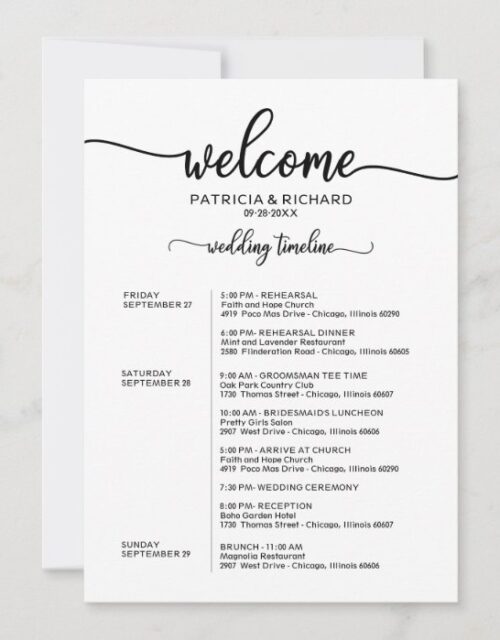 Weekend Wedding Schedule Elegant Calligraphy Invitation