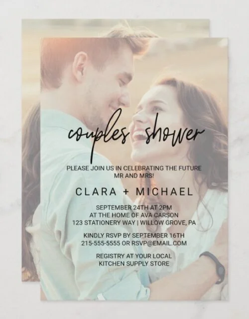 Whimsical Calligraphy | Faded Photo Couples Shower Invitation
