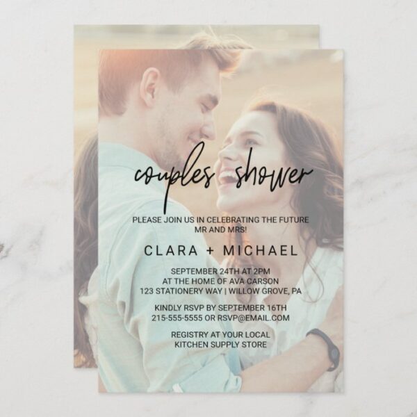 Whimsical Calligraphy | Faded Photo Couples Shower Invitation