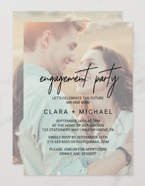 Whimsical Calligraphy Faded Photo Engagement Party Invitation