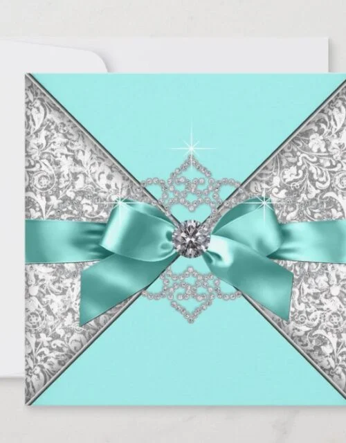 White Diamonds Teal Blue Wedding Invitation