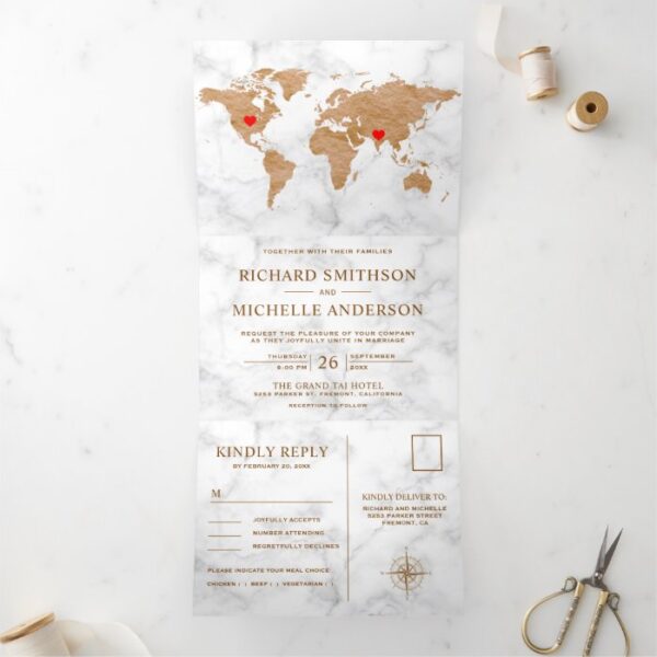 White Marble Bronze World Map All in One Wedding Tri-Fold Invitation