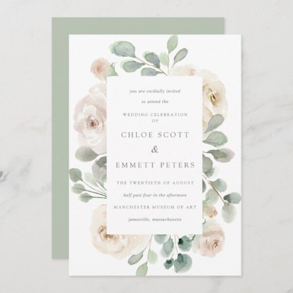 White Rose Floral Botanical Wedding Invitation