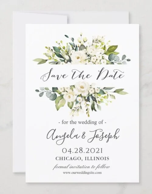 White Roses Bouquet Greenery Floral Wedding Save The Date