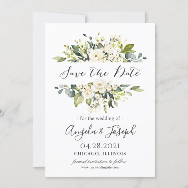 White Roses Bouquet Greenery Floral Wedding Save The Date