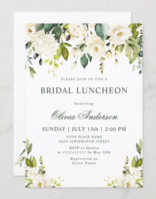White Roses Floral  Watercolor BRIDAL LUNCHEON Invitation