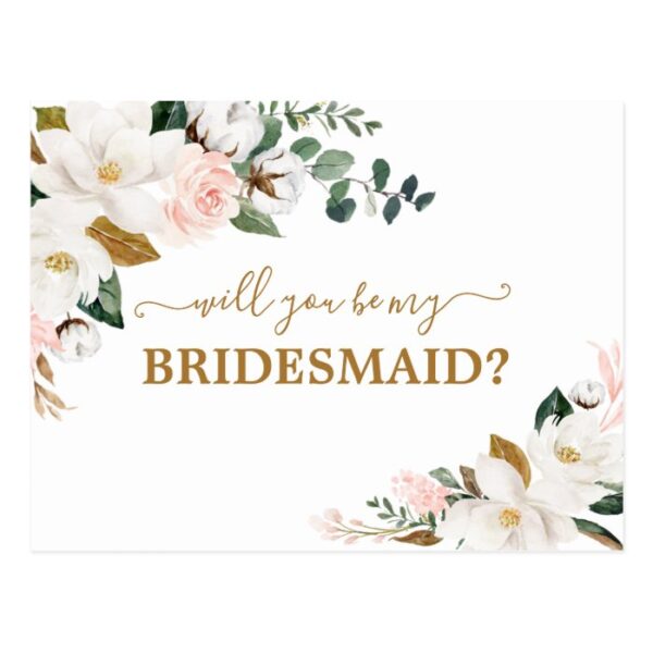 Will You Be My Bridesmaid Blush Pink Floral Gold Postcard