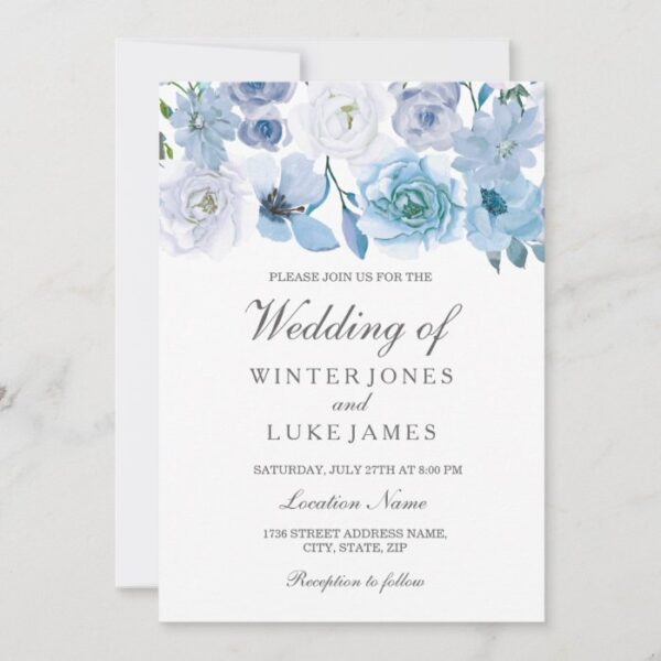 Winter Florals: Elegant Blue White Wedding Invite