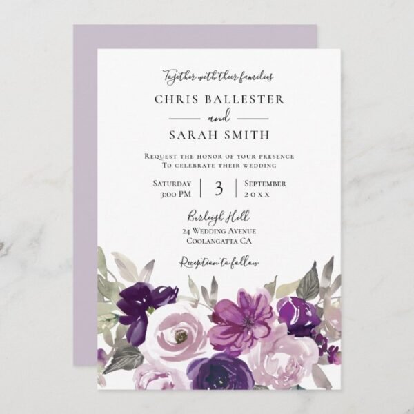 Winter Gray: Purple Lavender Floral Wedding Invitation