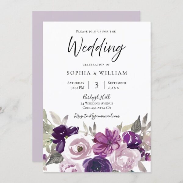 Winter Purple Lavender Floral Elegant Wedding Invitation