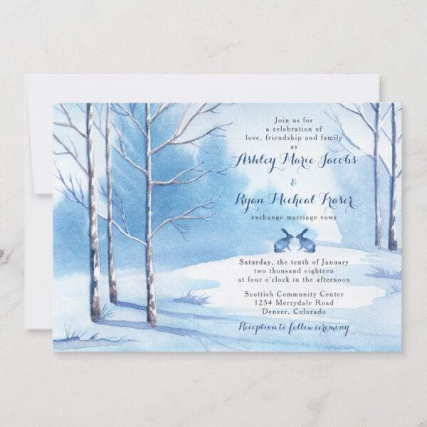 Winter Wedding Invitation Watercolor Trees Rabbits