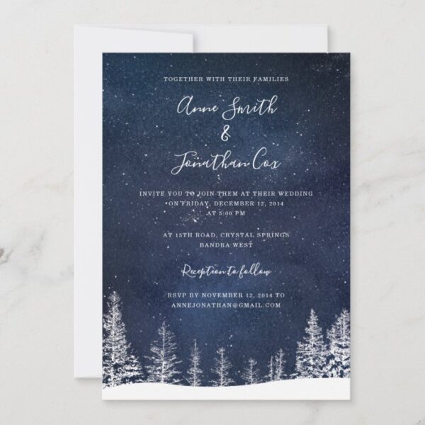 Winter Wedding Snow Stars Navy Blue White Wedding Invitation