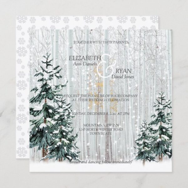 Winter Wedding Sparkle Snowflakes Pine Trees Invitation