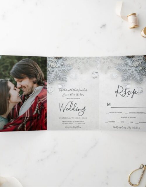 Winter wonderland silver snow typography wedding Tri-Fold invitation