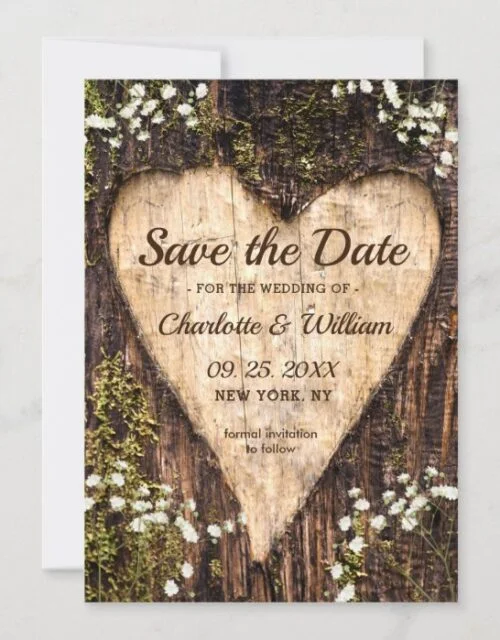 Wood Bark Baby Breath Heart Rustic Wedding Save The Date
