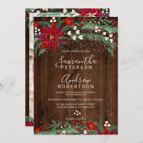 Wood Christmas floral wreath snow photo wedding Invitation