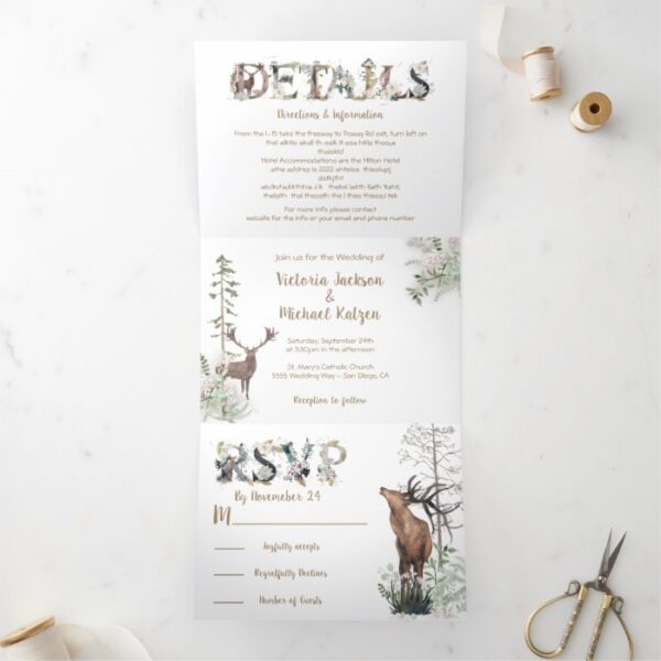 Woodland Watercolor Forest Wedding Tri-Fold Invitation