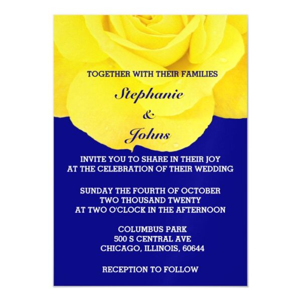 Yellow Rose Navy Blue White Cute Unique Wedding Magnetic Invitation